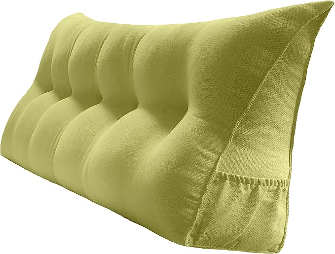 Triangular Reading Bed Rest Pillow Large Bolster Cushion Headboard Backrest Wedge Pillow with Removable Cover and Two Large Side Pockets (Lime, Queen: 59 x 8 x 20 inches)