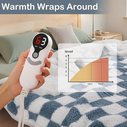 Electric Heated Blanket Full Size 72"×84" with 6 Heating Levels & 1-10Hs Auto Off, Checkered Plaid Heating Blanket Double Sided Sherpa, Fast Heating, Machine Washable for Christmas Gift Light Blue