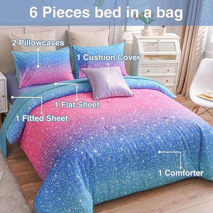 A Nice Night 6Pcs Gradient Glitter Bedding Set for Girls Full Size, Colorful Rainbow Galaxy Comforter Set, Ultra Soft Bedding Sets, Blue