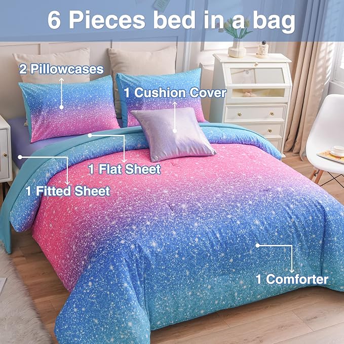 A Nice Night 6Pcs Gradient Glitter Bedding Set for Girls Twin Size, Colorful Rainbow Galaxy Comforter Set, Ultra Soft Bedding Sets, Blue