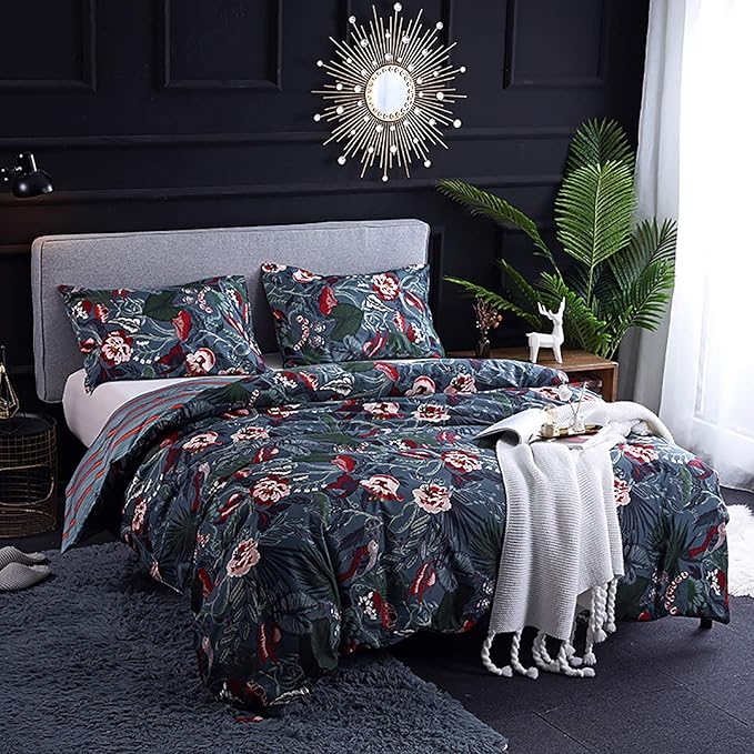 Floral Duvet Cover King Size Striped Green Botanical Bedding Set with Red Flower 3 Pieces Palm Leaf Soft Microfiber Reversible Duvet Cover Set for Men Women