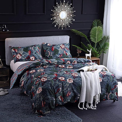Floral Duvet Cover King Size Striped Green Botanical Bedding Set with Red Flower 3 Pieces Palm Leaf Soft Microfiber Reversible Duvet Cover Set for Men Women