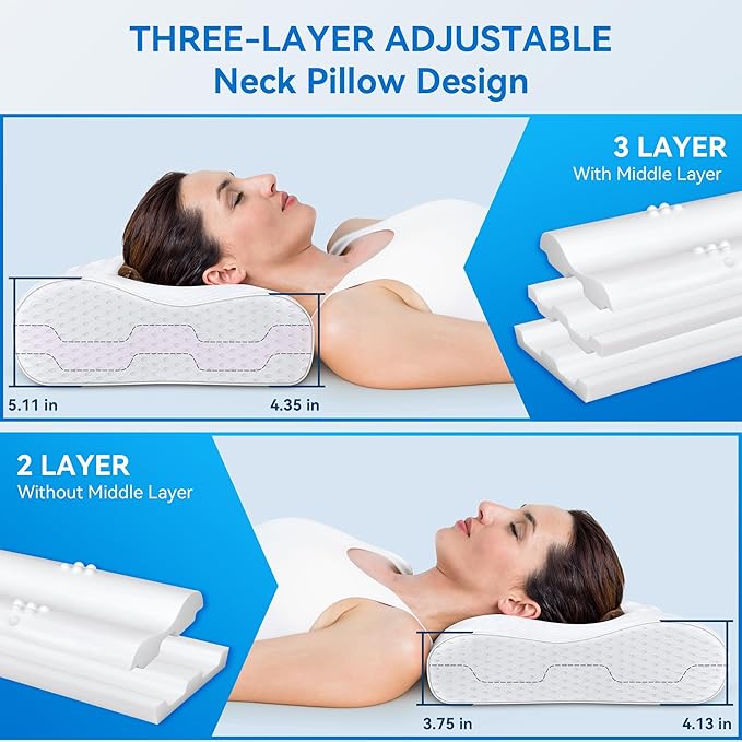 Cervical Neck Pillow for Pain Relief- Queen Size Cooling Pillow for Sleeping, Memory Foam Pillows for Neck Shoulder, Ergonomic Adjustable Contour Bed Pillow for Side, Stomach & Back Sleepers