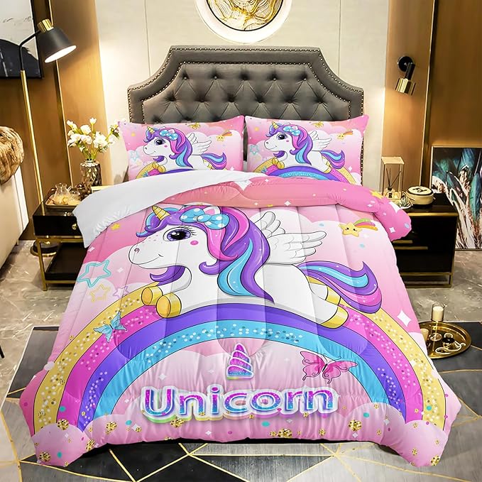 Kid Unicorn Butterfly Comforter Set Queen Size 3Pcs Rainbow Glitter Star Bedding Set White Cloud Quilt Bed Set for Boys Girls with 1 Comforter and 2 Pillowcases
