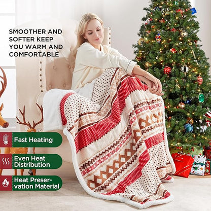 Westinghouse Christmas Heated Throw Blanket, Super Soft Flannel to Sherpa Electric Throw with 6 Heating Levels & 2-10 Hours Auto Off, Fast Heating & Overheat Protection, 50x60 Inch