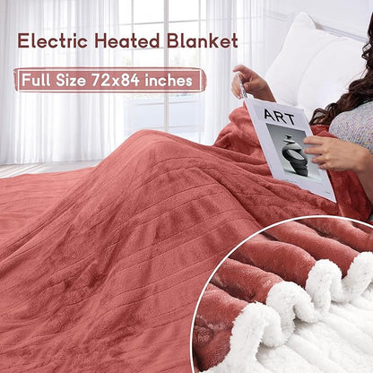 Heated Blanket Electric Blanket Full Size 72''x84'', Soft Flannel Heating Blanket with 1-10 Hour Auto Off - 6 Heat Settings - Machine Washable - Brick Red