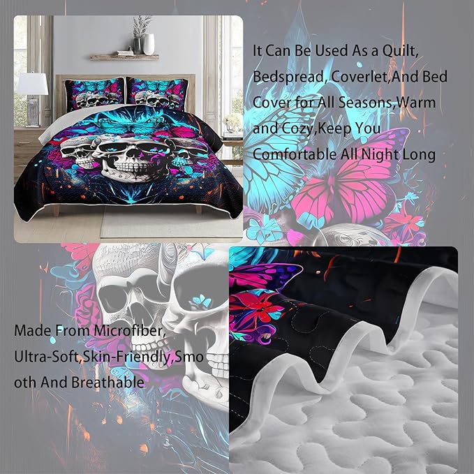 AILONEN Goth Skull Quilt Set Full Size, 3D Butterfly Skeleton Bedding Bedspread Coverlet with 2 Pillowcases,3-Piece Soft Lightweight Gothic Bed Cover,Blue Black