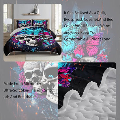 AILONEN Goth Skull Quilt Set Full Size, 3D Butterfly Skeleton Bedding Bedspread Coverlet with 2 Pillowcases,3-Piece Soft Lightweight Gothic Bed Cover,Blue Black
