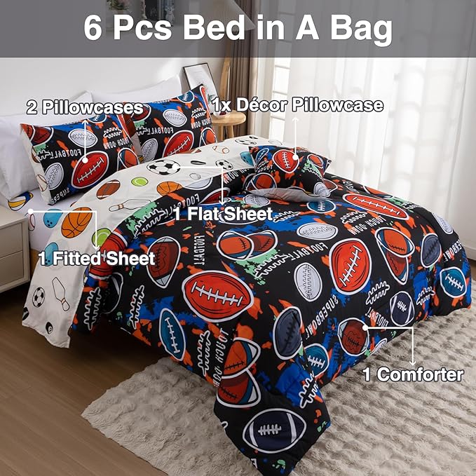 A Nice Night 6Pcs Bed in A Bag Twin Sports Comforter Set, Camouflage Patterns of Rugby Bedding Collections,for Boys Kids Teen,Red Black
