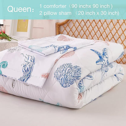 JSD Beach Theme Kids Comforter Set Queen Size, Jellyfish Starfish Summer Printed Comforter with Pillow Sham, Machine Washable