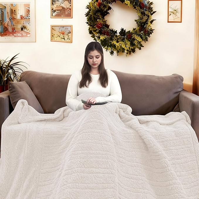 Electric Heated Blanket Queen Size 84"×90" Dual Control, 6 Heating Settings & 1-10H Auto Off, Heating Double Sided Plush Sherpa, Fast Heating, Machine Washable White