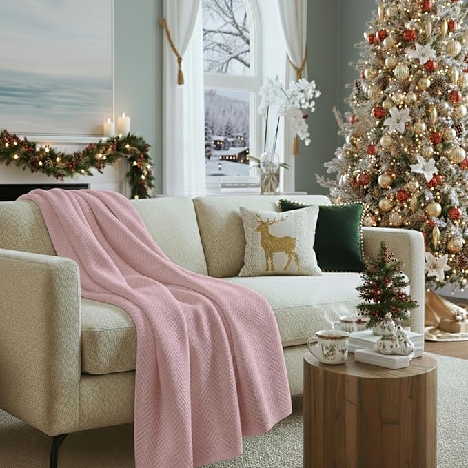 Cloud Scape Linen Herringbone Cotton Throw Blanket for Couch, Bed,Sofa, Home Decor, Soft, Heavy, All-Season, Winter Bed Blanket, Best Gift for Christmas, 50 x 70, Seashell Pink