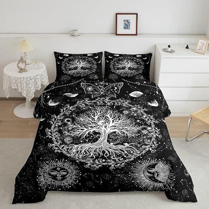 Feelyou Sun and Moon Comforter Bohemian Tree Butterfly Style Bedding Set Psychedelic Hippie Comforter Set for Boys Girls Children Teens Bedroom Decor Galaxy Astrology Duvet Set Toddler Size