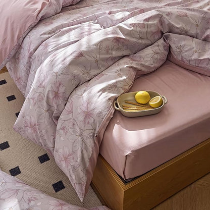 AOJIM Pink Kids Adults Duvet Cover Set with Gardenia Patterns, Soft Comfy 100% Cotton Comforter Cover Set 3pcs, 1 AB Sided Quilt Cover Full Size and 2 Matching Pillowcases for Room Decor, No Quilt