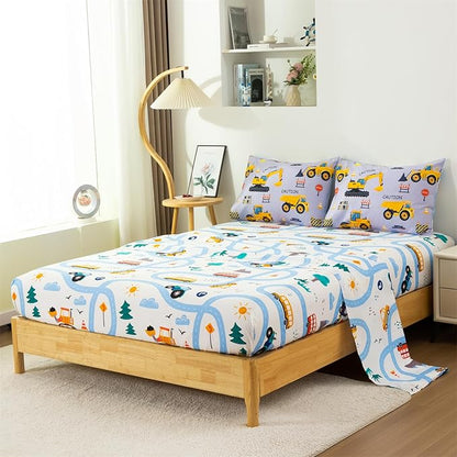 Holawakaka Construction Truck 5-Piece Twin Bed-in-A-Bag Set, Boys Comforter & Sheet Set with Excavator & Tractor Print, Kids Bedding Collection, Machine Washable, Gift for Kids