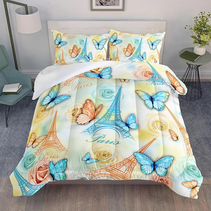 Paris Eiffel Tower Themed Bedding Butterfly Comforter 3Pcs Full Tie Dye Rose Colorful Pattern Bedding Set for Teen Girl Boy Bed Decor Romantic Building Quilt with 1 Comforter and 2 Pillowcases