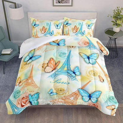 Paris Eiffel Tower Themed Bedding Butterfly Comforter 3Pcs Full Tie Dye Rose Colorful Pattern Bedding Set for Teen Girl Boy Bed Decor Romantic Building Quilt with 1 Comforter and 2 Pillowcases