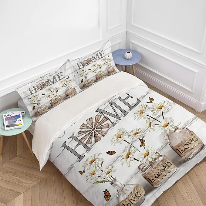Daisy Flower Theme 3 Pieces Duvet Cover Comforter Set with 2 Pillowcase Queen Size White Floral Bed Sheet Quilt Bedroom Bedding for Lover Kids