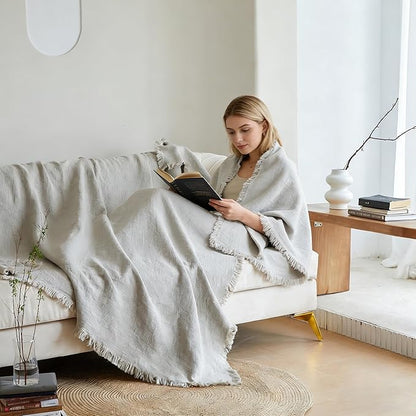 Simple&Opulence 100% Linen Throw Blanket 55x75 inches, Farmhouse Boho Tassel Blanket for Couch, Bed, Sofa, Breathable Natural Cozy Décor, Linen