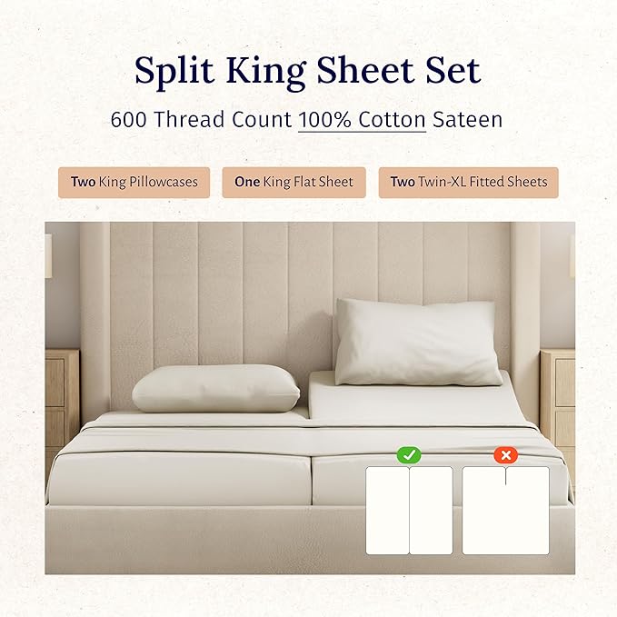 California Design Den Split King Sheet Set - 100% Cotton, 600 Thread Count Sateen, Breathable Luxury King Size Sheets for Adjustable Bed, Luxury Soft Hotel Quality Sheets - Ivory (Warm Cream)