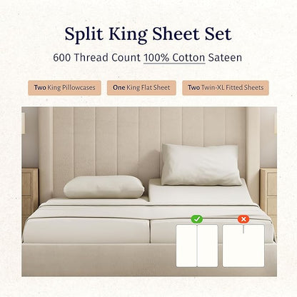 California Design Den Split King Sheet Set - 100% Cotton, 600 Thread Count Sateen, Breathable Luxury King Size Sheets for Adjustable Bed, Luxury Soft Hotel Quality Sheets - Ivory (Warm Cream)