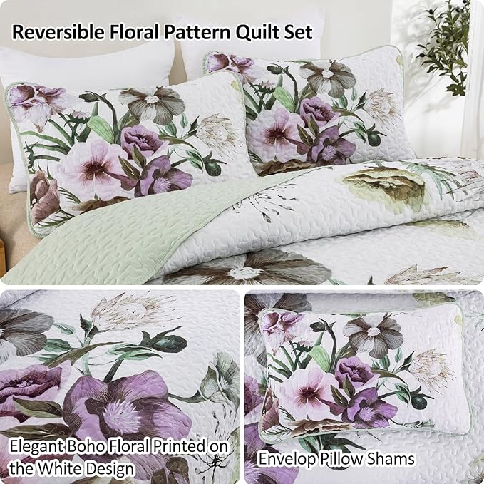 Drucon Floral Quilt Set Twin 2 Pieces Boho Green Floral Quilt Coverlet Set Soft Microfiber Lightweight Green Quilted Bedspread for All Season 68"x 86"