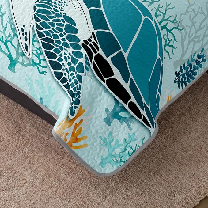 HOSIMA Sea Turtle King Size Quilt,Sea Turtle Print Lightweight Quilt,Different Corals Pattern Coastal Bedding for Teenage Girl Room Decor,Ocean Themed Bedding for Boys with 2 Pillowcases.