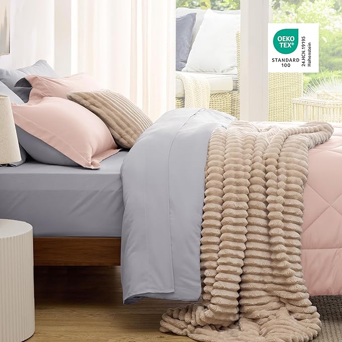 Bedsure Queen Comforter Set - 7 Pieces Reversible Blush Pink Bedding, Queen Size Bed Set for All Seasons, Bed in a Bag with Down Alternative Comforter, Sheets, Pillowcases & Shams