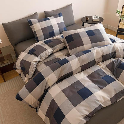 Wellboo Blue Plaid Comforter Sets Queen Size Navy Blue and Grey Checkered Bedding Comforters Modern Beige Grid Quilt Blankets Women Men Gray Checkerboard Bedding Soft Brown Geometric Bed