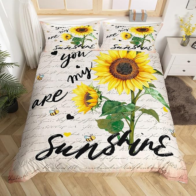 Sunflower Bedding Set Twin Size,Black Sketch Sunshine Graffiti Duvet Cover Set 2pcs for Kids Teens Adults Home Room Decor,Rustic Farmhouse Bee Comforter Cover Nature Plants Animals Quilt Cover