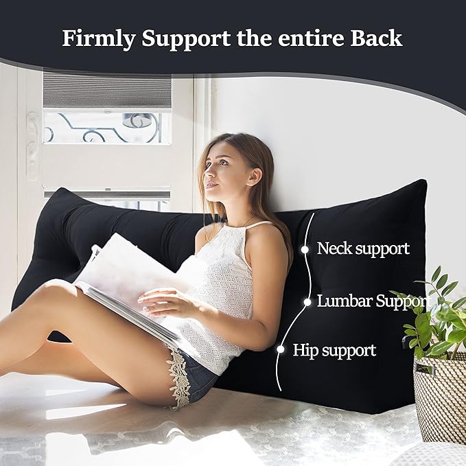 Johnear Wedge Headboard Large Bolster Pillow Reading Pillows for Sitting in Bed Adult， Velvet Triangular Cushion Backrest Lumbar Back Support Upholstered Daybed Sit Up Book Pillows（Black, King）