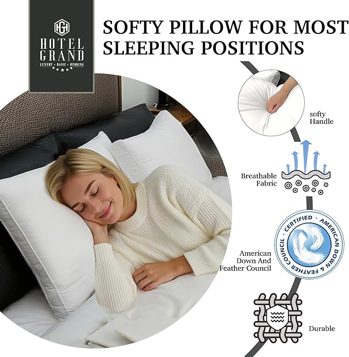 Hotel Grand Goose Feather Down Fiber Pillows Queen Size Set of 2, 100% Cotton Cover Hotel Collection Gusseted Bed Pillows for Back, Stomach or Side Sleepers, White