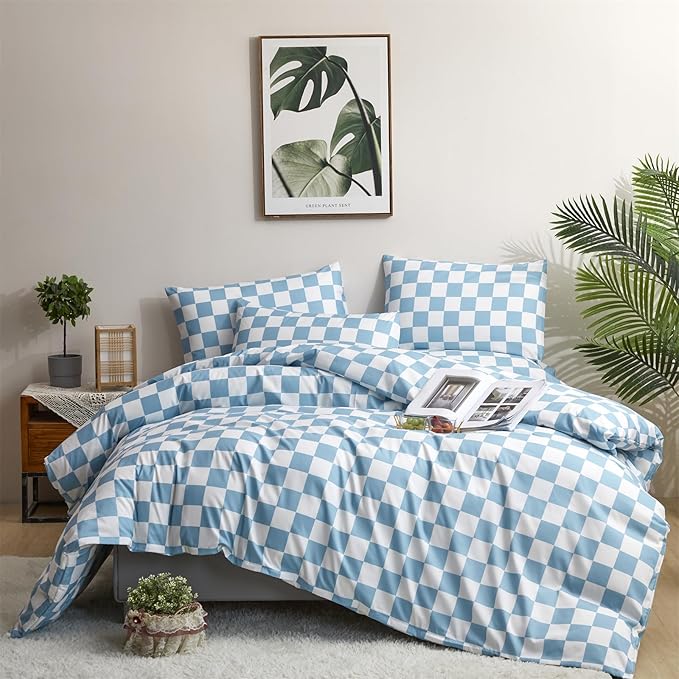 Wellboo Blue White Plaid Comforter Sets Full Women Men Light Blue and White Checkerboard Grid Bedding Comforters Cotton Boys Girls Modern Dusty Blue Checkered Geometric Quilts Luxury Sky Blue Bed