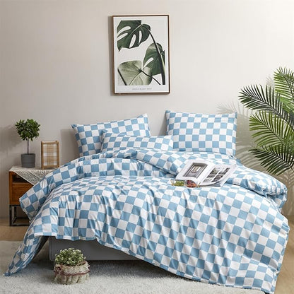 Wellboo Blue White Plaid Comforter Sets King Women Men Light Blue and White Checkerboard Grid Bedding Comforters Cotton Boys Girls Modern Dusty Blue Checkered Geometric Quilts Luxury Sky Blue Bed