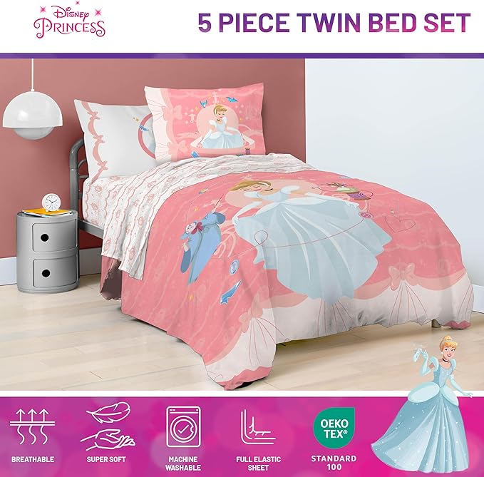 Jay Franco Kids Comforter Set Includes Sheets and Pillow Covers - Soft and Cozy Bed Set for Stylish Room Decor, Pink - Princess Cinderella, 5 Piece Twin Size Bedding