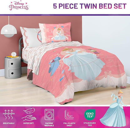 Jay Franco Kids Comforter Set Includes Sheets and Pillow Covers - Soft and Cozy Bed Set for Stylish Room Decor, Pink - Princess Cinderella, 5 Piece Twin Size Bedding