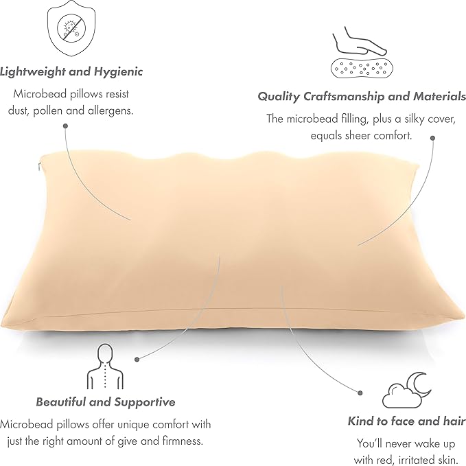 PILLOWY Premium Microbead Bed Pillow, X-Large Extra Fluffy But Supportive - Ultra Comfortable Sleep with Silk Like Anti Aging Cover 85% Spandex/ 15% Nylon Breathable, Cooling Barely Beige
