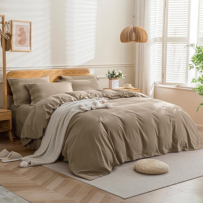 JELLYMONI Cotton Duvet Cover Cal King Size - Khaki Comforter Cover with Button 100% Washed Cotton 3PCS Breathable Soft Solid Bedding Set Duvet Cover 104×98in & 2 Pillowcases (NO Comforter)