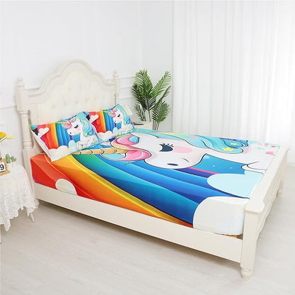 Cartoon Unicorn Sheets Set, Rainbow Unicorn Bedding Sets Full Size for Girls Kids Children Boys Teens Sheets Bedspread Set,1 Flat Sheet 1 Fitted Sheet 2 Pillowcases
