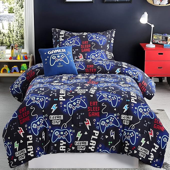 Full Size Comforter Set for Boys-4 Pieces Gamer Glow in The Dark Full Bedding Sets for Kids, 1 Comforter, 2 Shams and 1 Decor Pillow