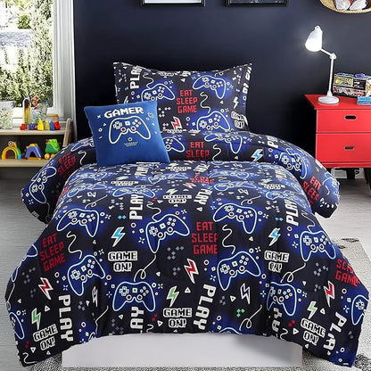 Twin Comforter Set for Boys-3 Pieces Gamer Glow in The Dark Twin Bedding Sets for Kids,1 Comforter,1 Sham and 1 Decor Pillow