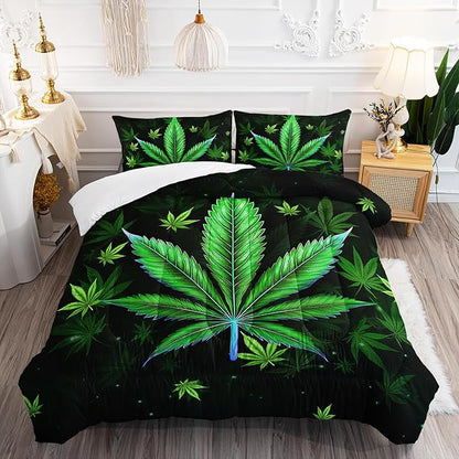 Green Marijuana Leaf Themed Comforter 3Pcs Twin Bright Weed Leaves Herb Botanical Bedding Set for Kid Teen Girl Boy Adult Room Decor Cannabis Leaves Quilt with 1 Comforter and 2 Pillowcases
