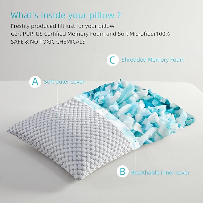 SAPHREAS Cooling Bed Pillows Queen for Sleeping, Luxury Hotel Shredded Memory Foam Pillows for Back Side Stomach Sleepers, Cool Firm Pillow for Neck Support