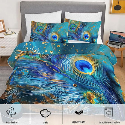 Blue Green Peacock Feathers Quilt Bedding Twin 3Pcs Tropical Wild Animal Bed Set Tie-Dye Luxury Pattern Lightweight Bedspread Coverlet with 2 Pillowcases for Kid Boy Girl Teen Adult Room Decor