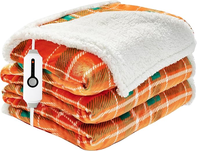Electric Heated Blanket Full Size 72"x84" Microplush & Sherpa Fabric, Machine Washable 4 Heat Settings & 10 Hours Auto Off - Orange