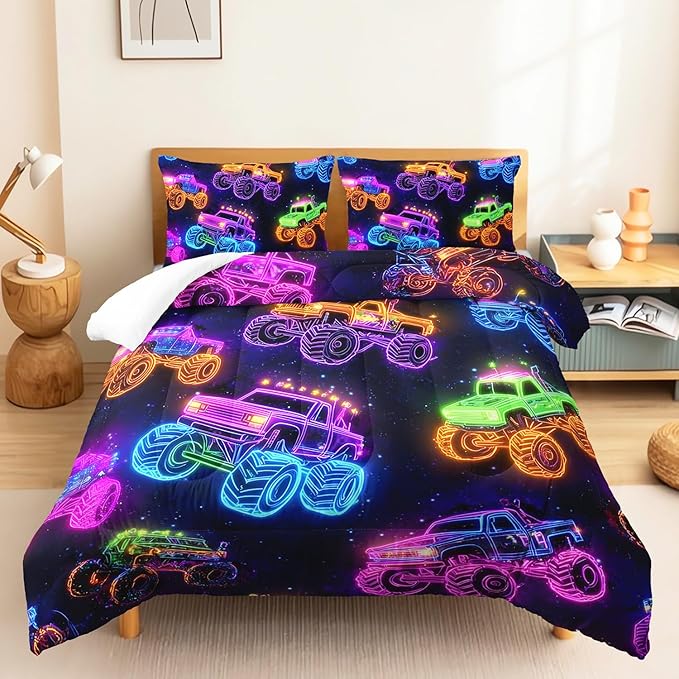 Colorful Neon Off-Road Racing Truck Comforter 3Pcs Queen Cool Speed Race Car Bedding Set for Kid Teen Girl Boy Adult Automobile Extreme Sport Game Quilt Bed Decor with 1 Comforter&2 Pillowcases