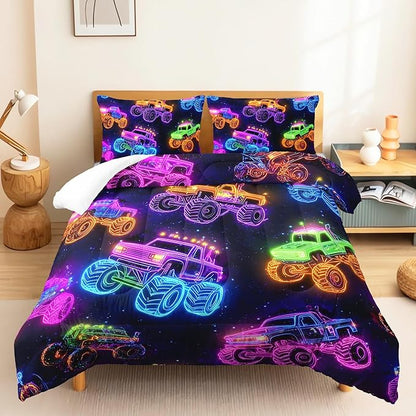 Colorful Neon Off-Road Racing Truck Comforter 3Pcs Queen Cool Speed Race Car Bedding Set for Kid Teen Girl Boy Adult Automobile Extreme Sport Game Quilt Bed Decor with 1 Comforter&2 Pillowcases