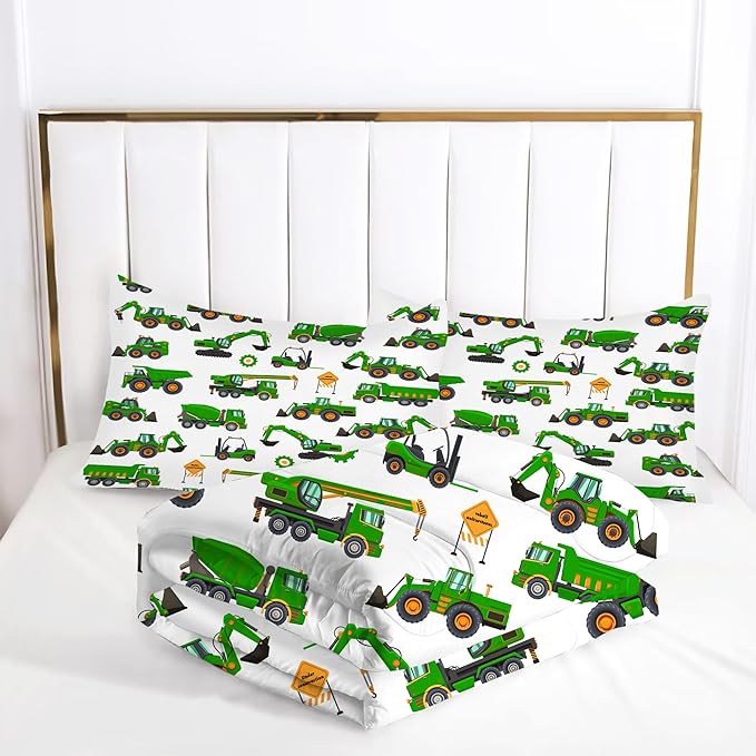 Comforter Set Green Tractor: Full Size Cartoon Excavator Truck Car Bedding Sets for Boys Kids Teens Toddler Construction Vehicles Quilt Bed Set with 1 Comforter & 2 Pillowcases