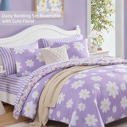 Queen Comforter Sets for Girls, Purple Daisy Kids Bedding Set Reversible with Cute Floral, All Season Bed in a Bag 7 Pieces with Sheets, Pillowcases & Shams