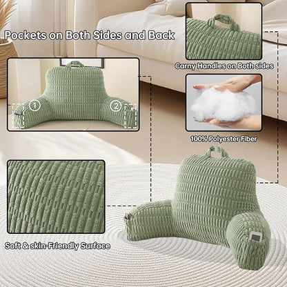 Reading Pillow for Sitting in Bed, Large Backrest Reading Pillow with Arm Rest,Back-Rest Support Cushion for Sit Up on Couch, Sofa, and Floor, Dorm Essentials (Green Corduroy, Large(19"))
